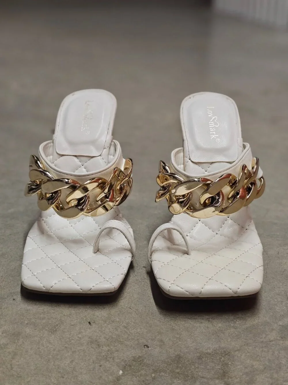 Quilted Chain-Embellished High Heel White Sandals With Square Toe Design